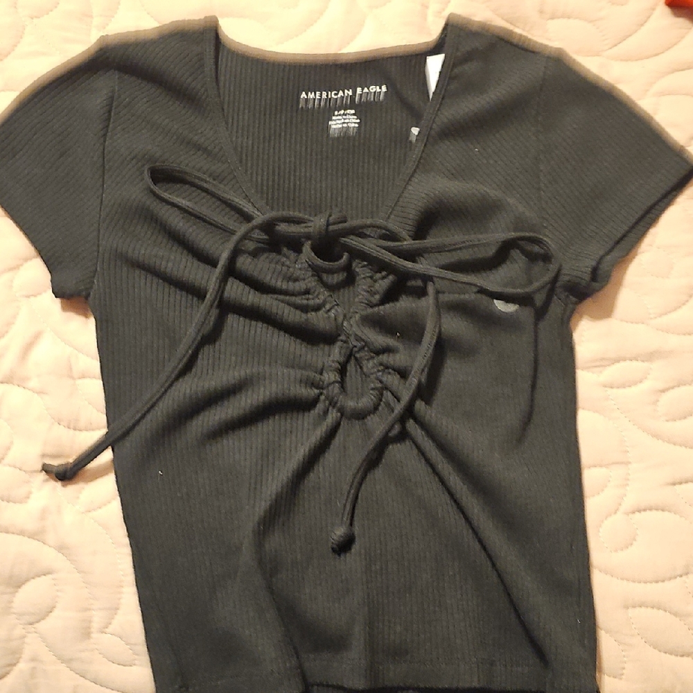 American Eagle Outfitters Gray Tie-Front Fitted T-Shirt